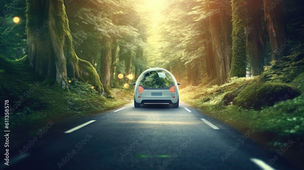 An Electric car energy for environment, EV car on forest road with earth planet going through forest