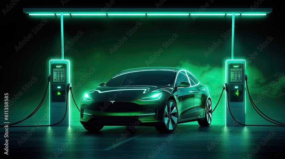 An Electric car at charging station. Front view electric car silhouette with green glowing on dark b