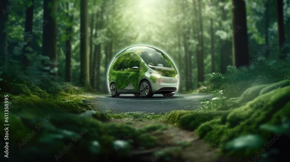 An Electric car energy for environment, EV car on forest road with earth planet going through forest