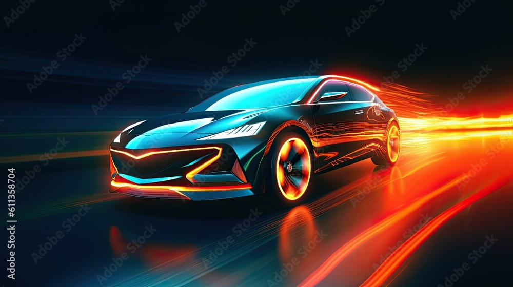 An EV car with motion lighting. Automotive innovation and technology concepts. Generative Ai