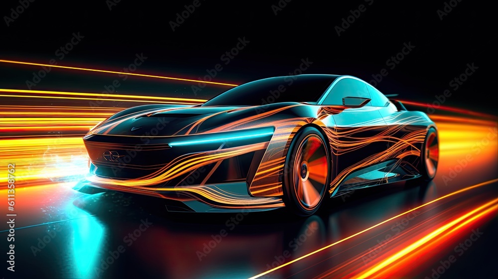 An EV car with motion lighting. Automotive innovation and technology concepts. Generative Ai