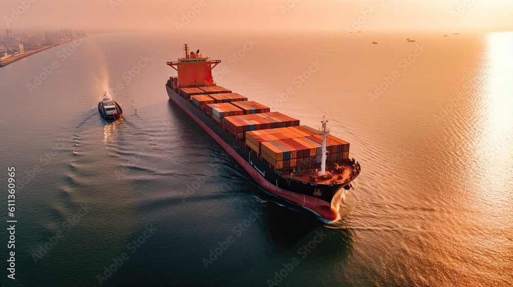 Aerial view of Container cargo ship in sea. Cargo Ship. Generative ai