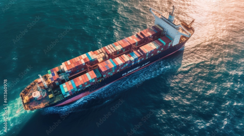 Aerial view of Container cargo ship in sea. Cargo Ship. Generative ai