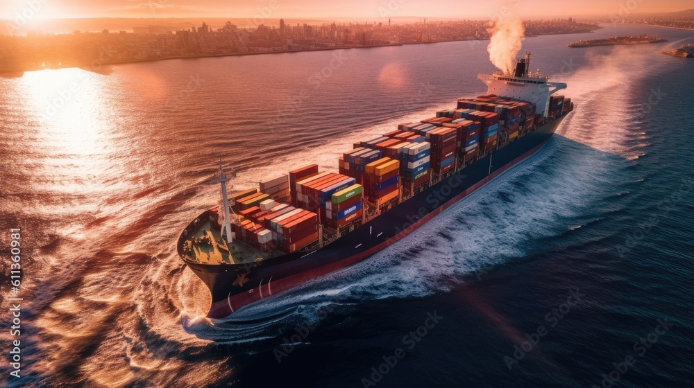 Aerial view of Container cargo ship in sea. Cargo Ship. Generative ai