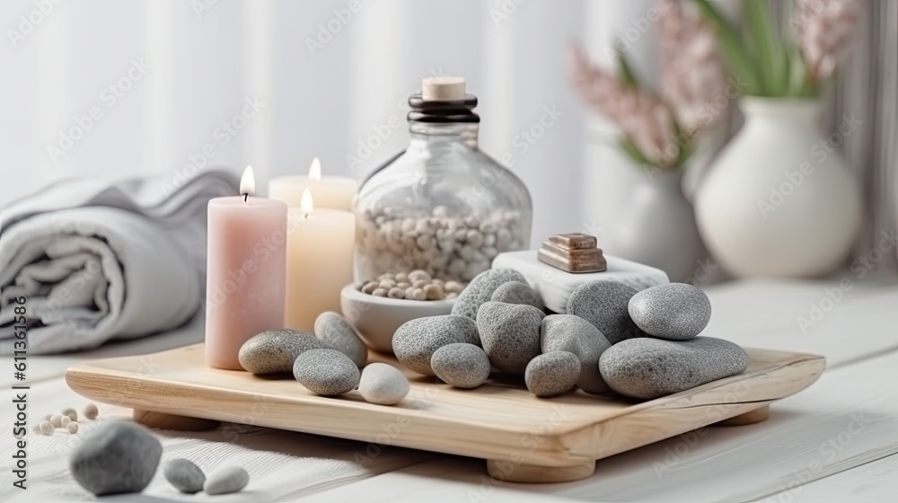 Beauty treatment items for spa procedures on white wooden table. massage stones, essential oils and 