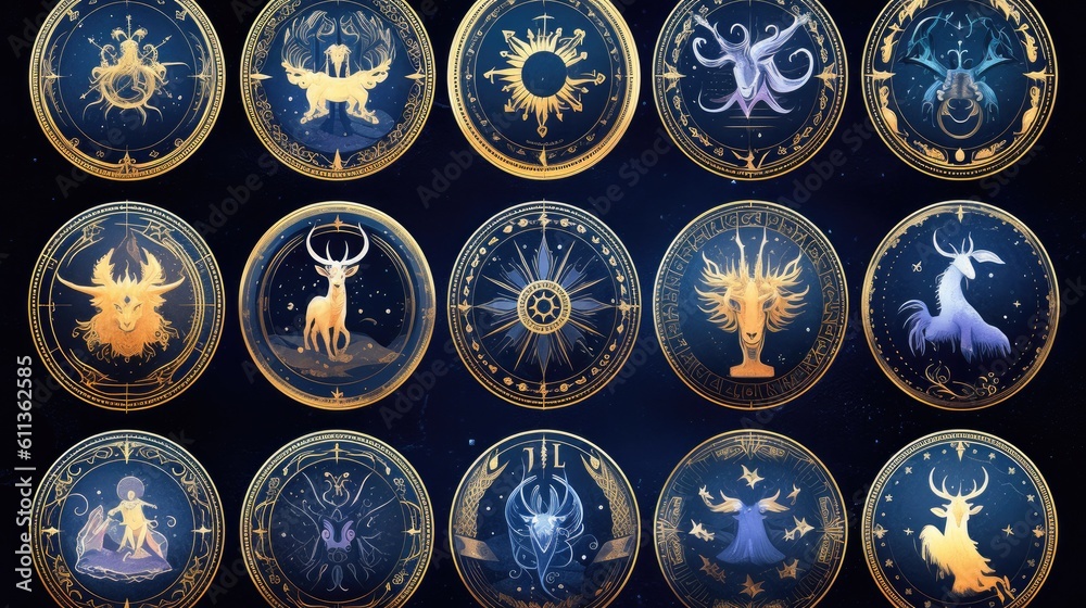 Set of magical zodiac signs in universe. concept, belief, fortune teller. Generative Ai