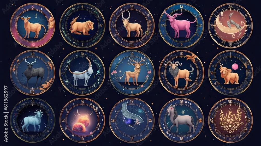 Set of magical zodiac signs in universe. concept, belief, fortune teller. Generative Ai