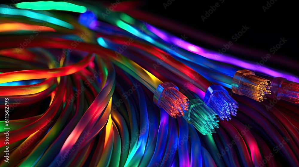 Colored electric cables and led. Optical fiber, background for technology image and new business tre