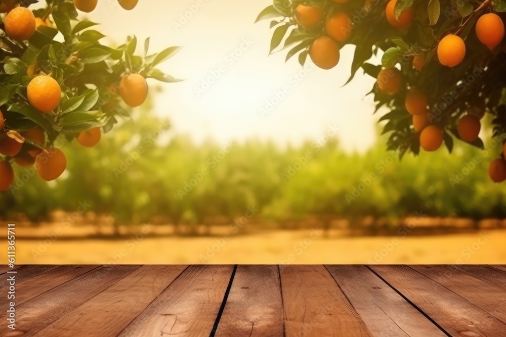 Wooden floor on orange trees fields background, Can be used for display or montage your products, AI