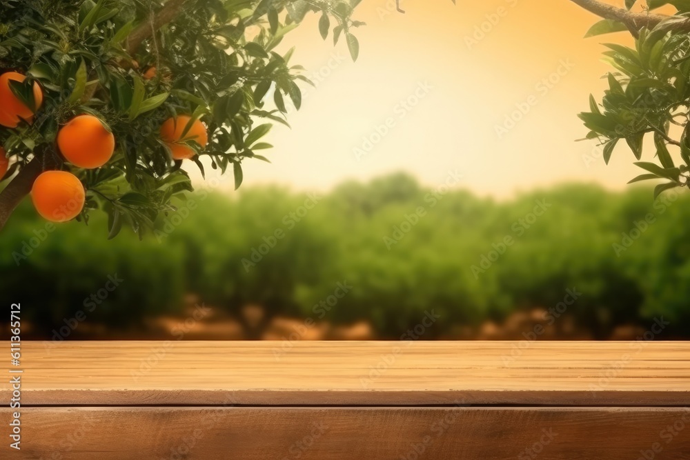 Wooden floor on orange trees fields background, Can be used for display or montage your products, AI