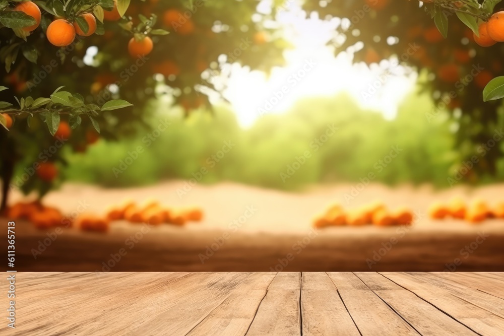 Empty wood table with free space over orange trees, Orange field background, AI generated.