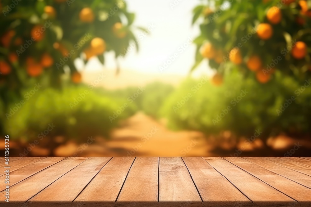 Wooden floor and orange trees covered with orange fruits, Orange field background, AI generated.