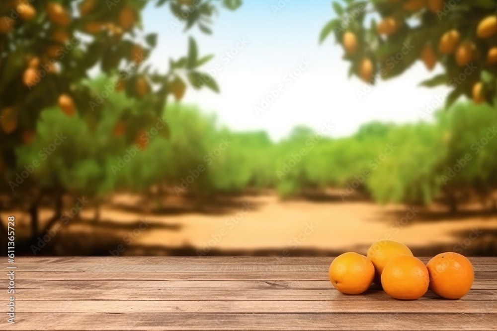 Empty wood table with free space over orange trees, Orange field background, AI generated.