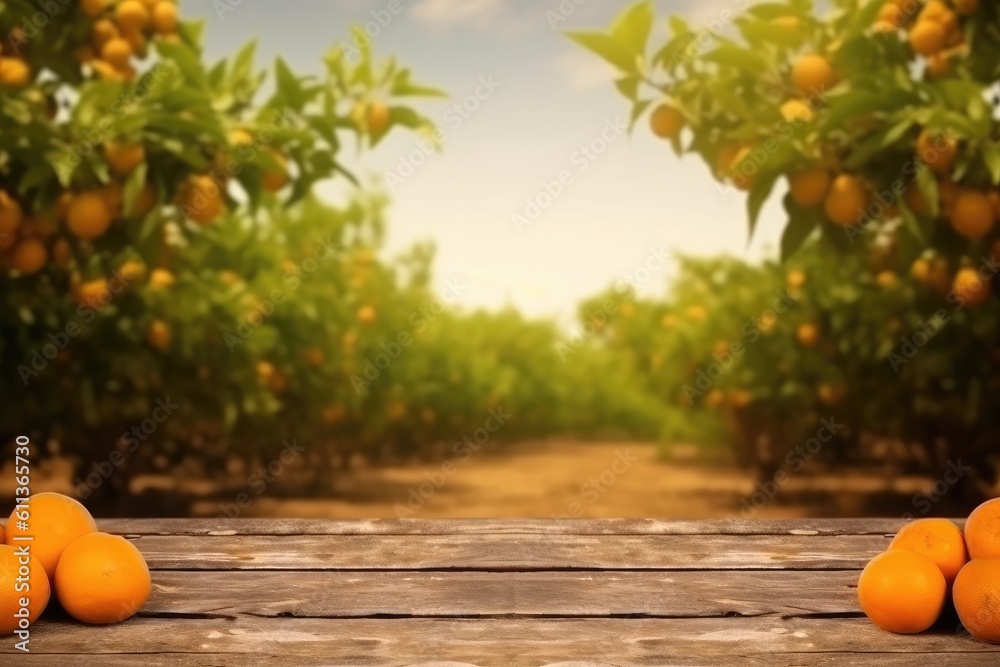 Wooden floor on orange trees fields background, Can be used for display or montage your products, AI