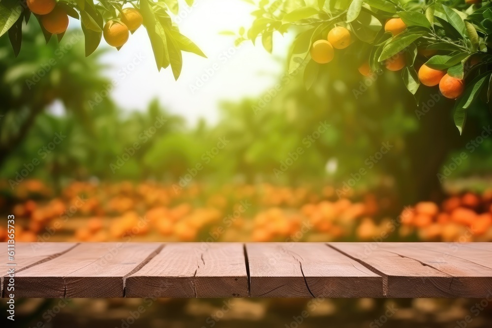 Wooden floor on orange trees fields background, Can be used for display or montage your products, AI