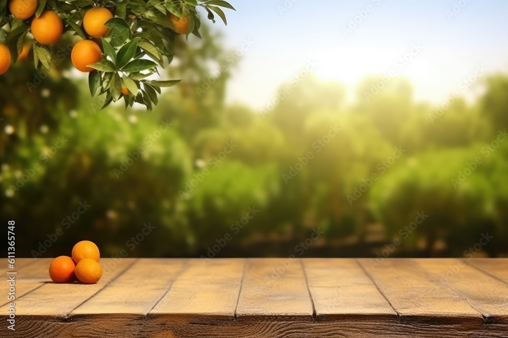 Empty wood table with free space over orange trees, Orange field background, AI generated.