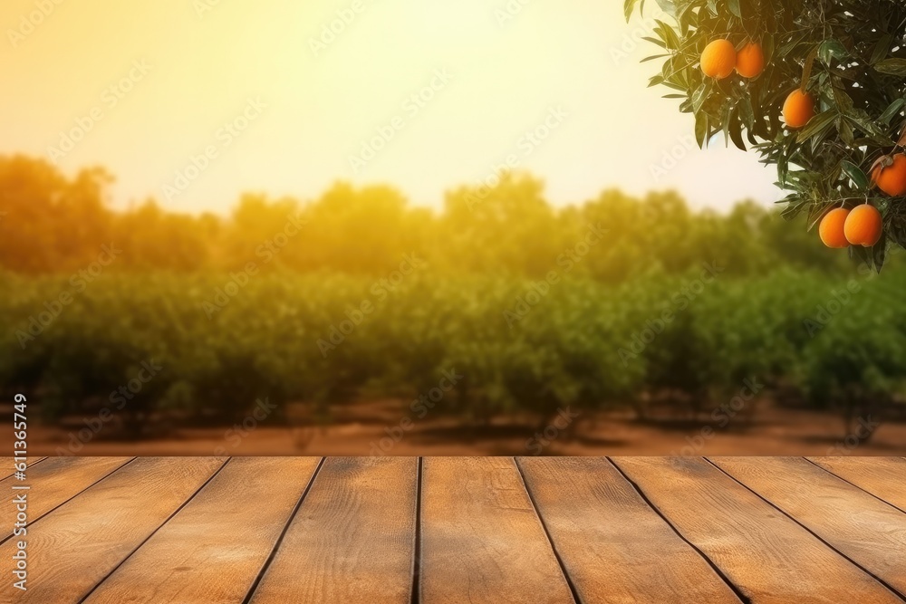 Wooden floor and orange trees covered with orange fruits, Orange field background, AI generated.