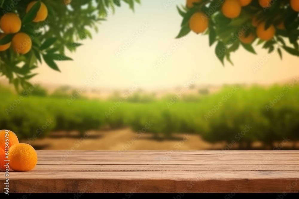 Empty wood table with free space over orange trees, Orange field background, AI generated.