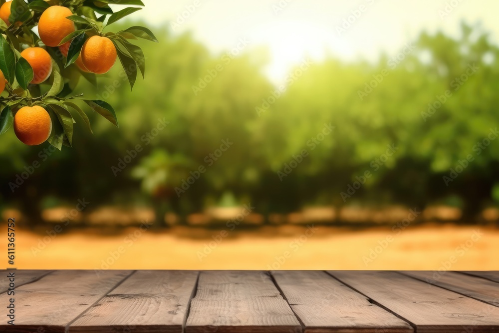 Wooden floor and orange trees covered with orange fruits, Orange field background, AI generated.