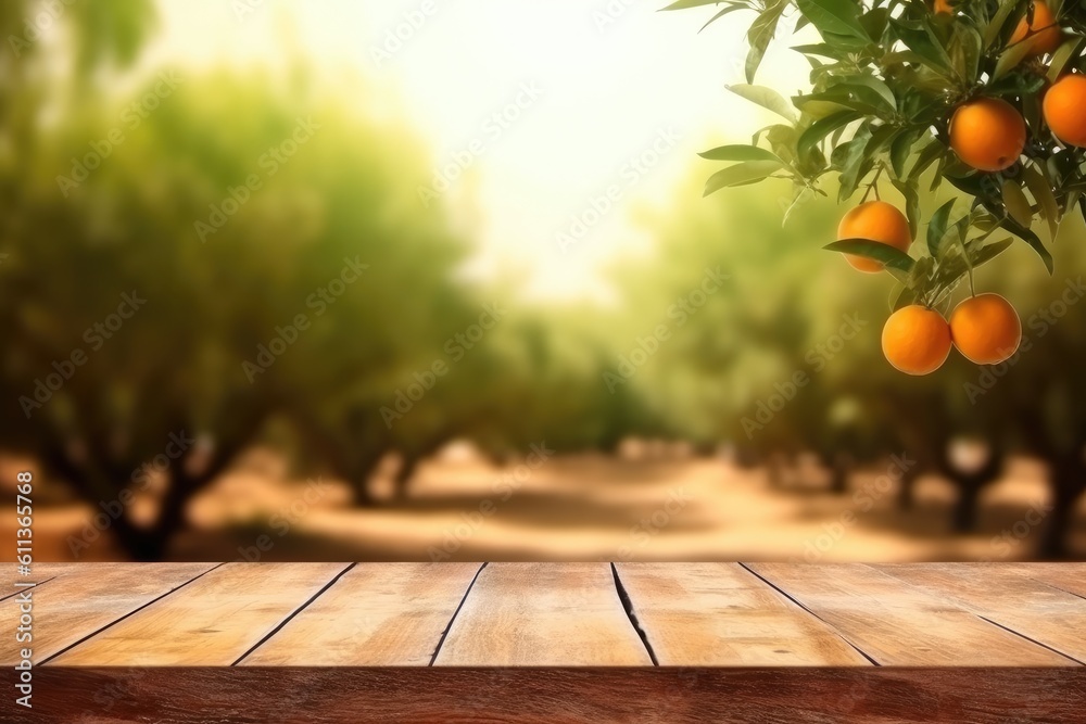 Wooden floor on orange trees fields background, Can be used for display or montage your products, AI