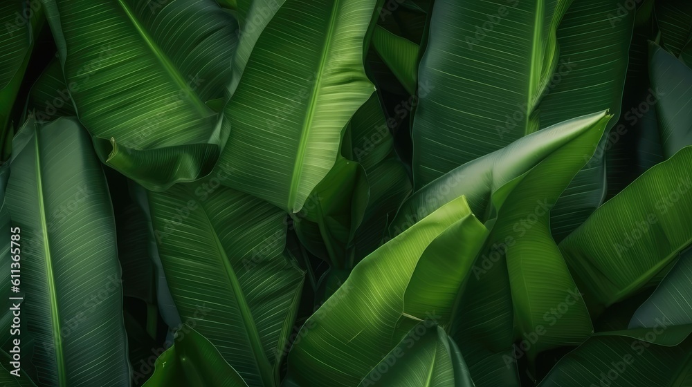 Tropical banana palm leaves texture green background, AI generated.