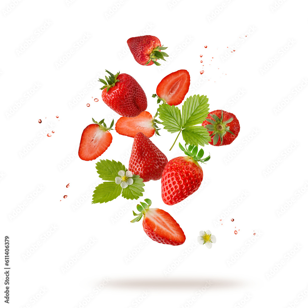 Fresh sweet strawberry berries with flower and leaves flying falling isolated on white background.