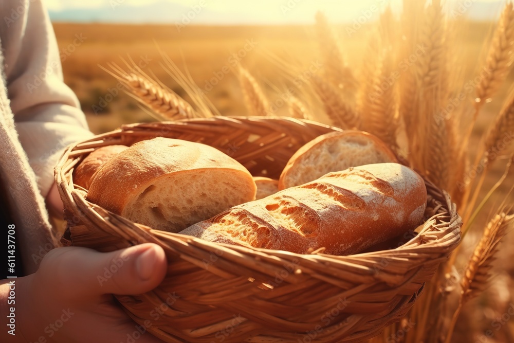 A person holding french bread basket in sunshine