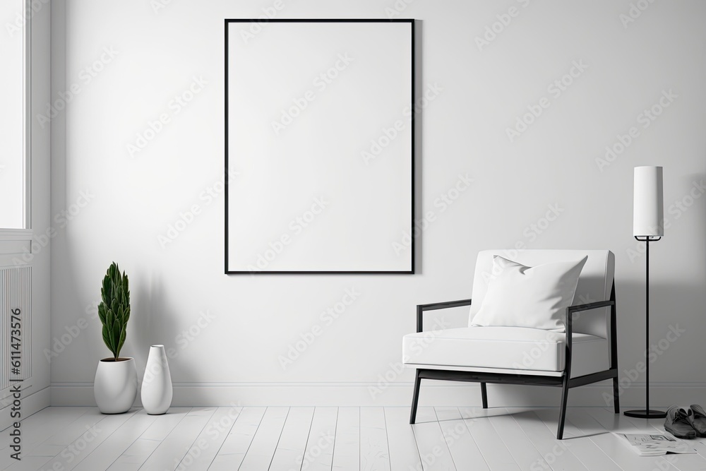 minimalistic white room with a chair and a framed artwork on the wall. Generative AI