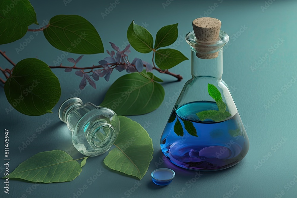 blue liquid filled bottle standing next to a green plant. Generative AI