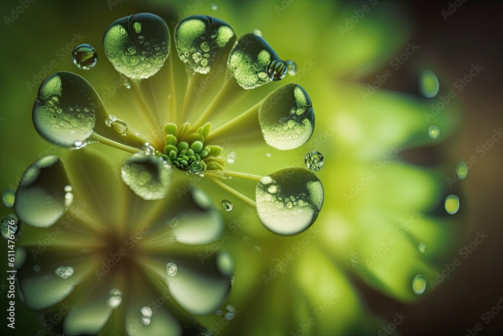 Water droplets on a green flower in extreme close-up. Generative AI