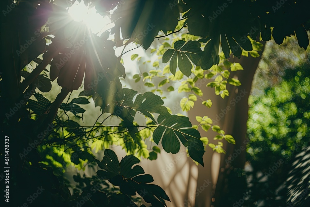 sunlight filtering through tree leaves in a forest. Generative AI