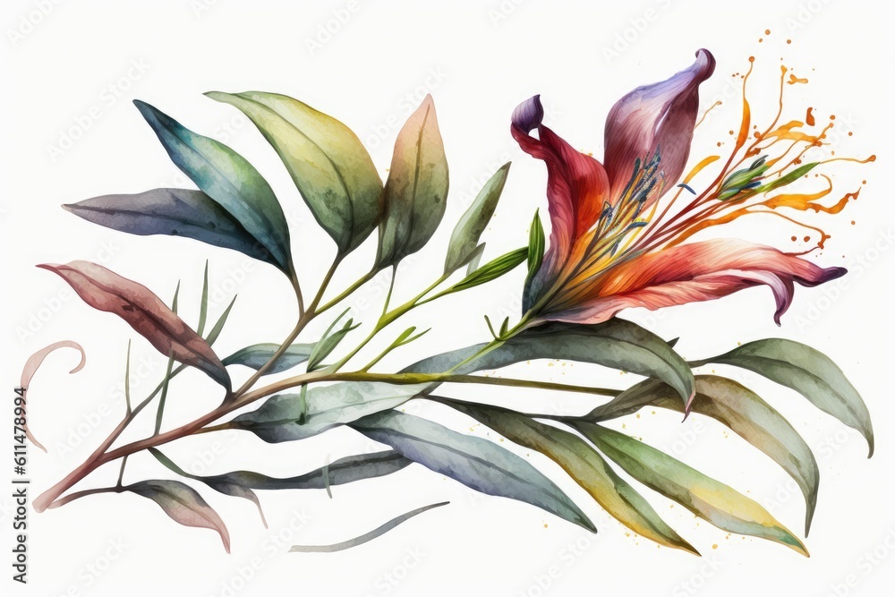 delicate flower and its foliage depicted in watercolor. Generative AI