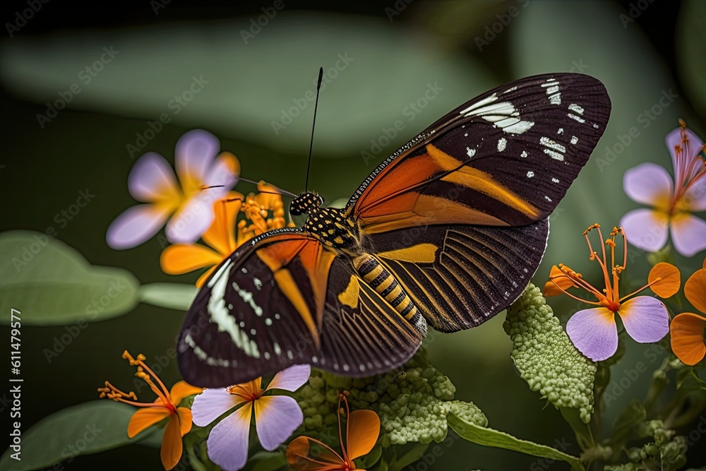 colorful butterfly perched on a vibrant flower. Generative AI