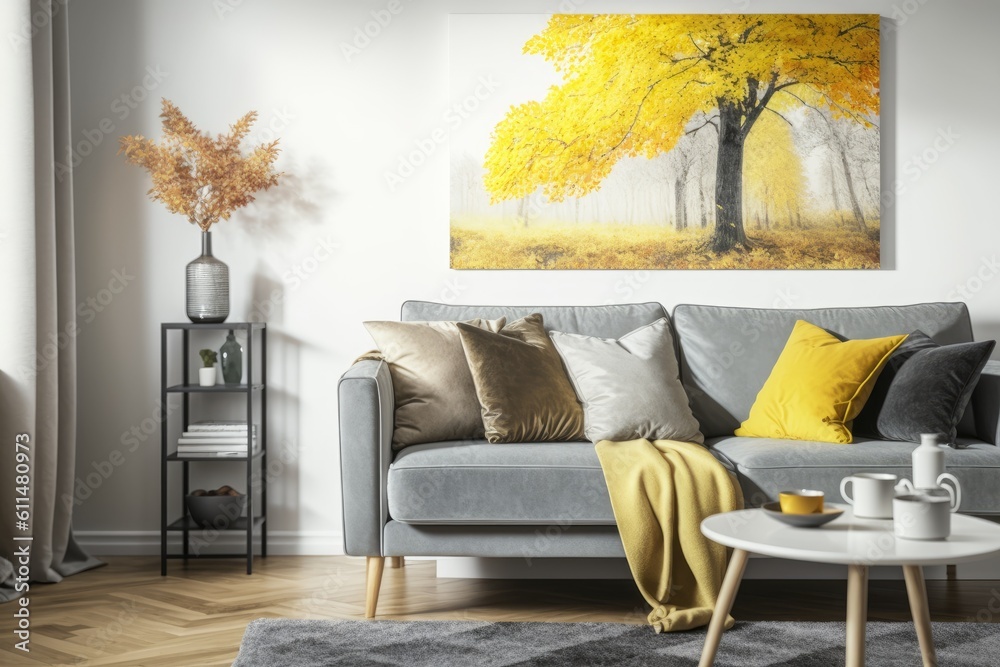 cozy living room with a painting as the focal point. Generative AI