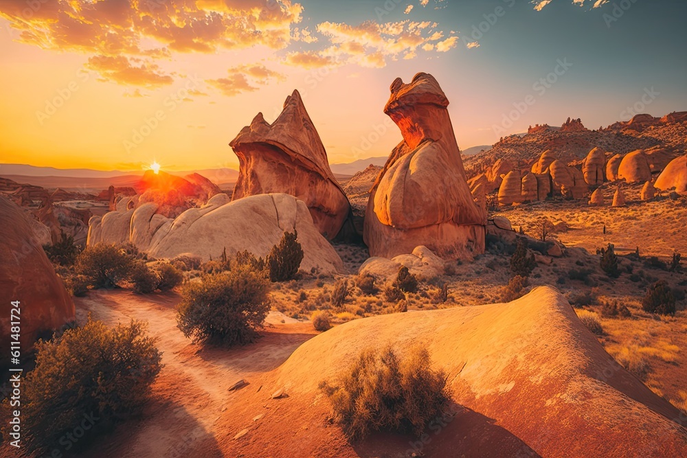 beautiful desert sunset over rocky terrain. Generative AI