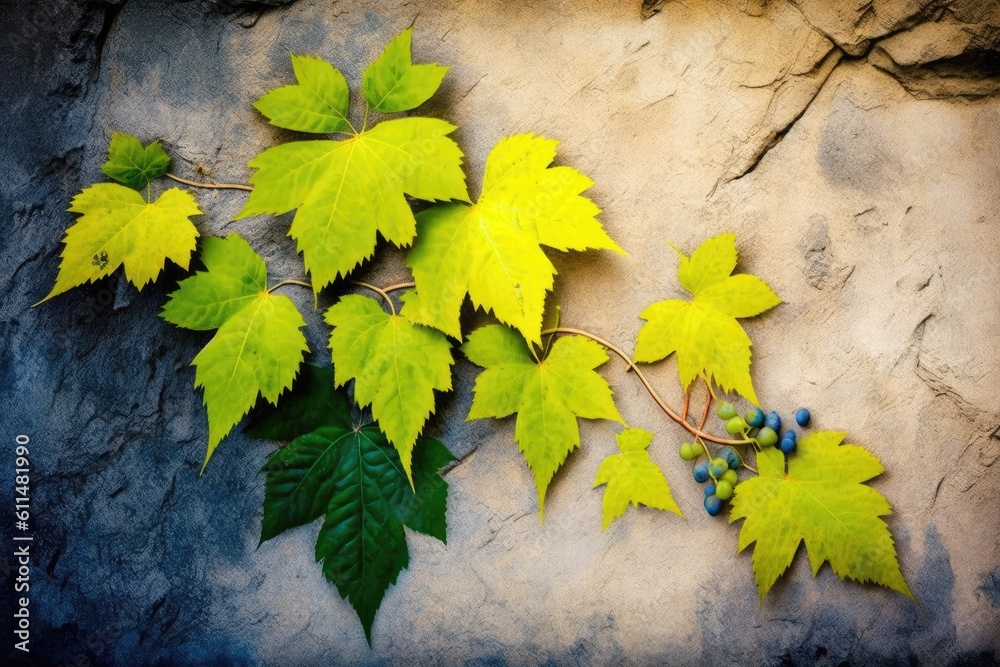 lush green foliage growing on a textured rock wall. Generative AI