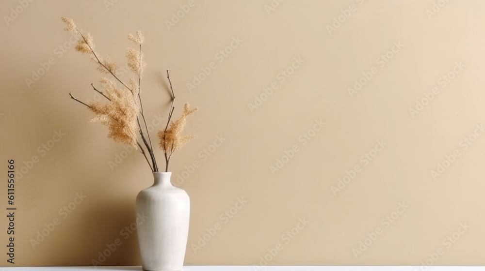 Vase with decorative dry plant branch against beige wall background. Minimalist interior mockup. Gen