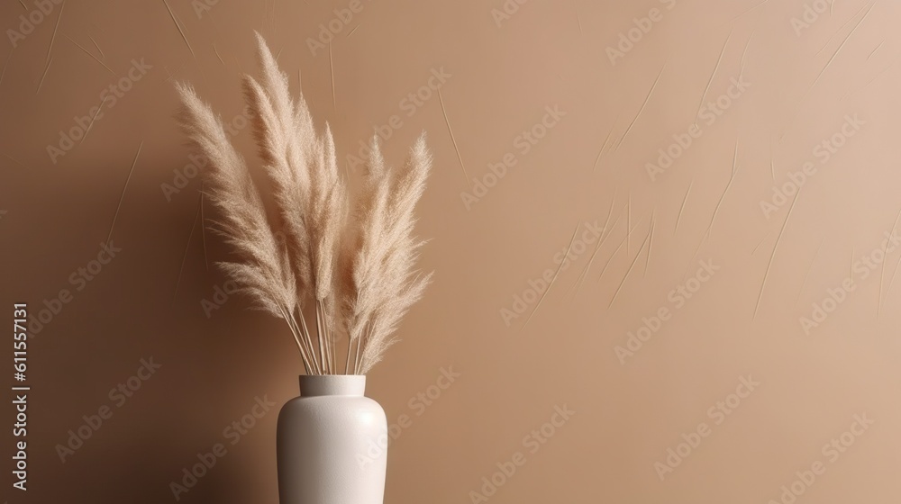 Vase with decorative dry plant branch against beige wall background. Minimalist interior mockup. Gen