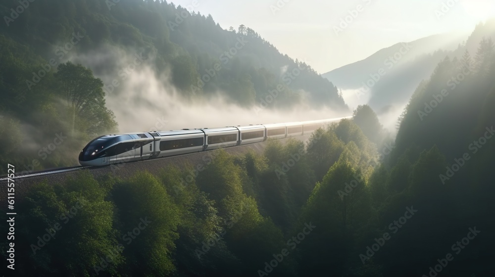 Speed passenger train moving in the mist mountains covered with forest. Generative AI