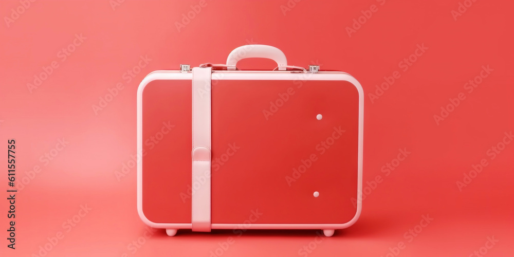 Red travel suitcase, on red background. Trip concept. Generative AI