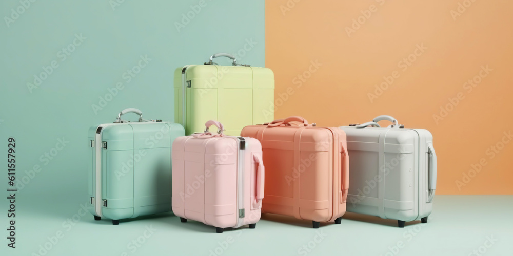 Pastel colored scene with travel suitcases, on uniform background. Trip concept. Generative AI