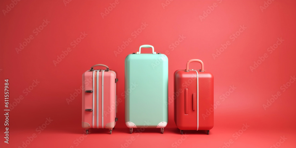 Red travel suitcase, on red background. Trip concept. Generative AI