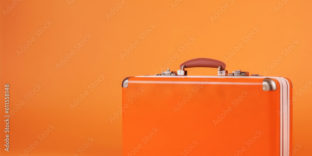 Orange travel suitcase, on orange background. Trip concept. Generative AI