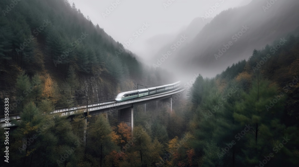 Speed passenger train moving in the mist mountains covered with forest. Generative AI