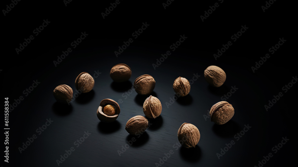 Walnuts with and without shells filling the view on dark background. Top view of fresh walnuts. Gene