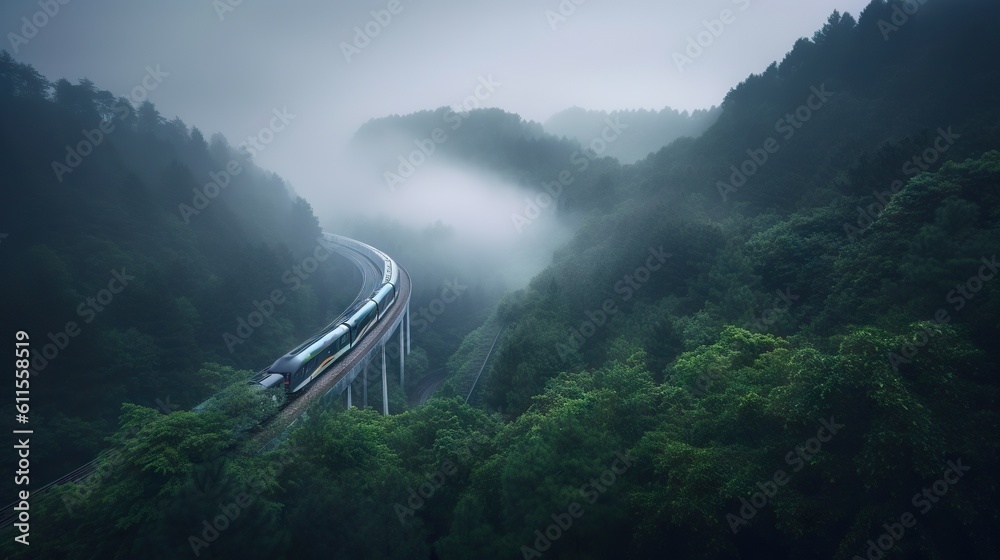 Speed passenger train moving in the mist mountains covered with forest. Generative AI