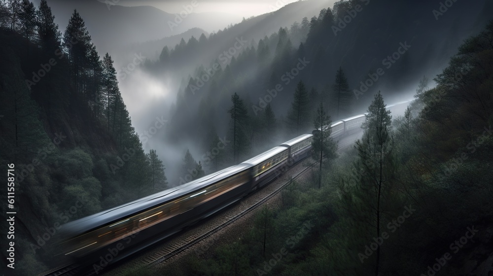 Speed passenger train moving in the mist mountains covered with forest. Generative AI