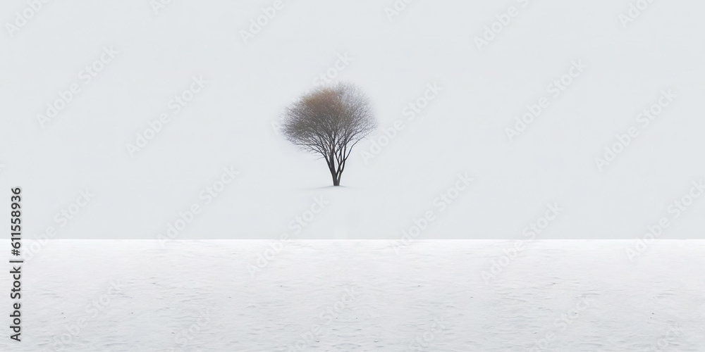 Minimalistic loneliness concept. Alone tree on the snow ground. Generative AI