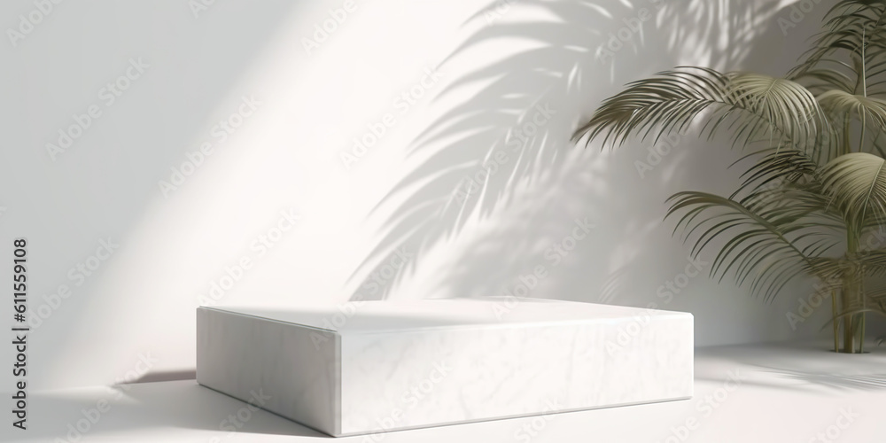 White product display podium with nature palm leaves. Generative AI