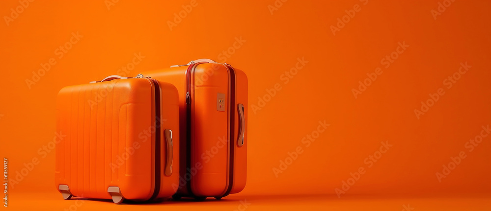 Orange travel suitcase, on orange background. Trip concept. Generative AI